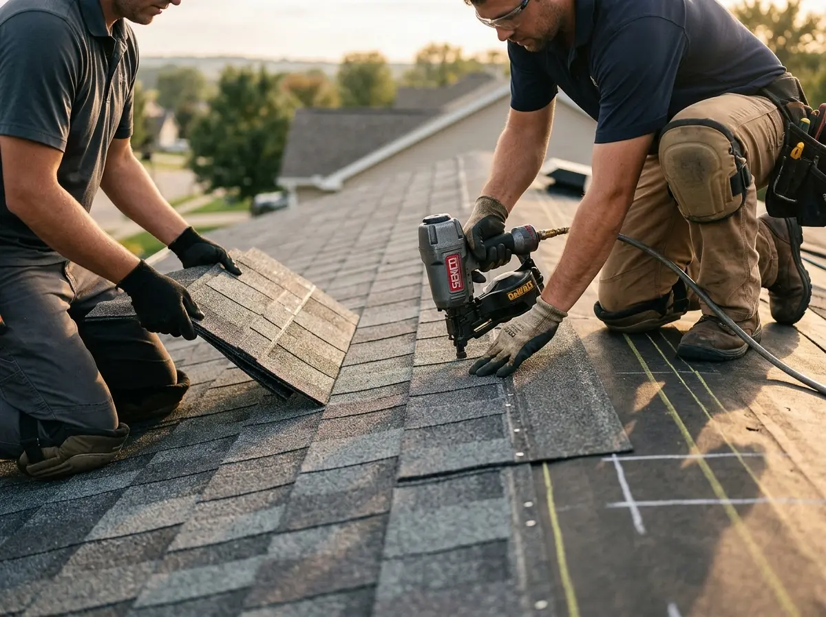 Professional roofer working on a residential roof in Fort Myers Beach